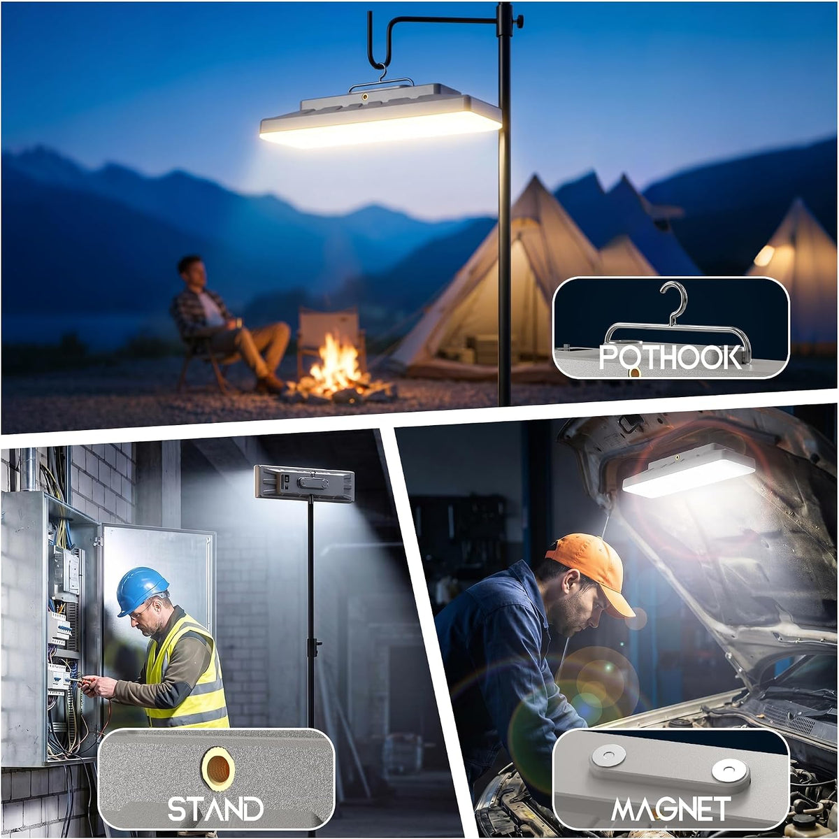 Portable Rechargeable LED Work Light with Tripod Stand, 10000mAh Battery Powered Dimmable Cordless Megnetic Camping Lamps for Sports/Car /Emergency/Garage/Fish