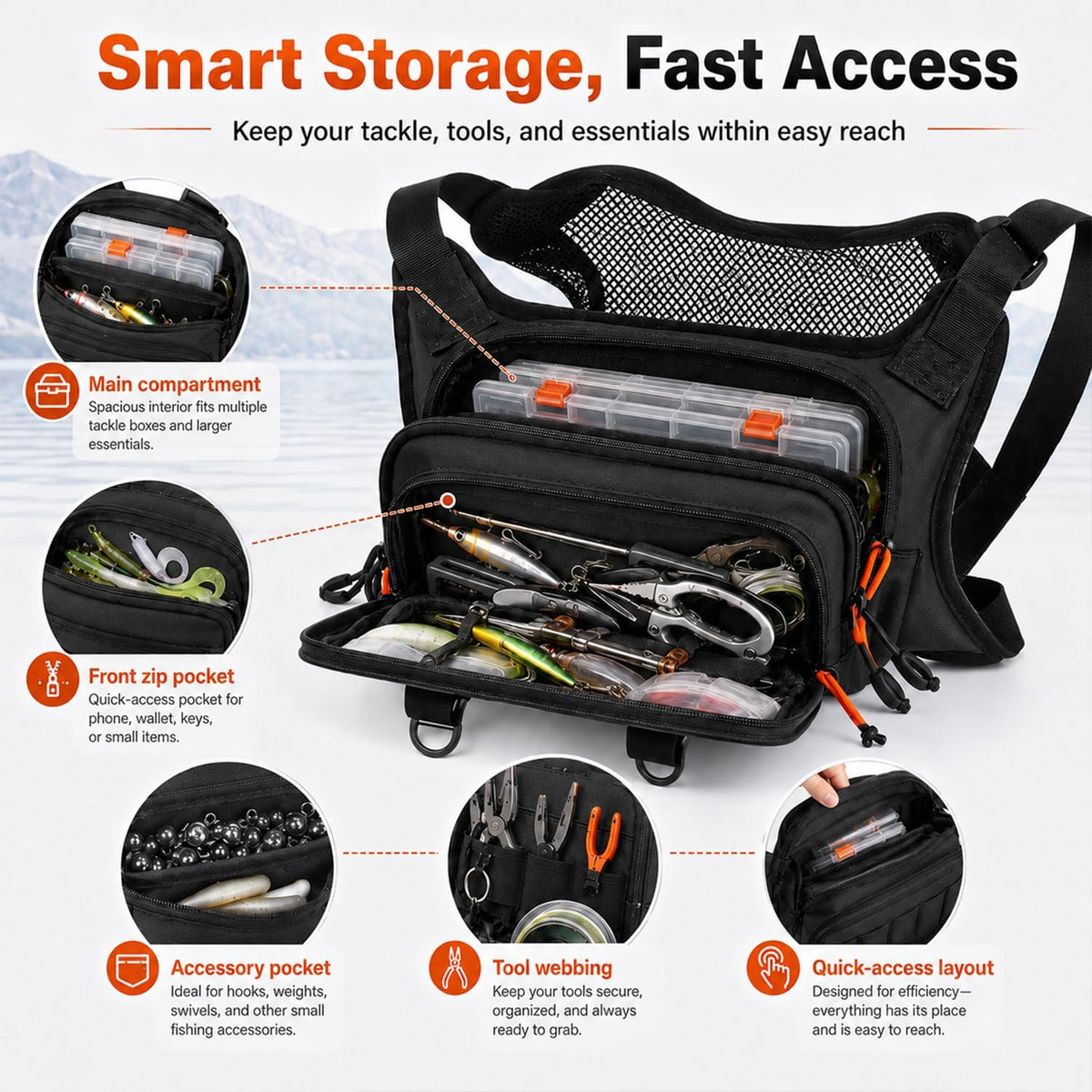 All in One Fishing Chest Pack Tackle Bag with Tackle Box, Fishing Lures Kit