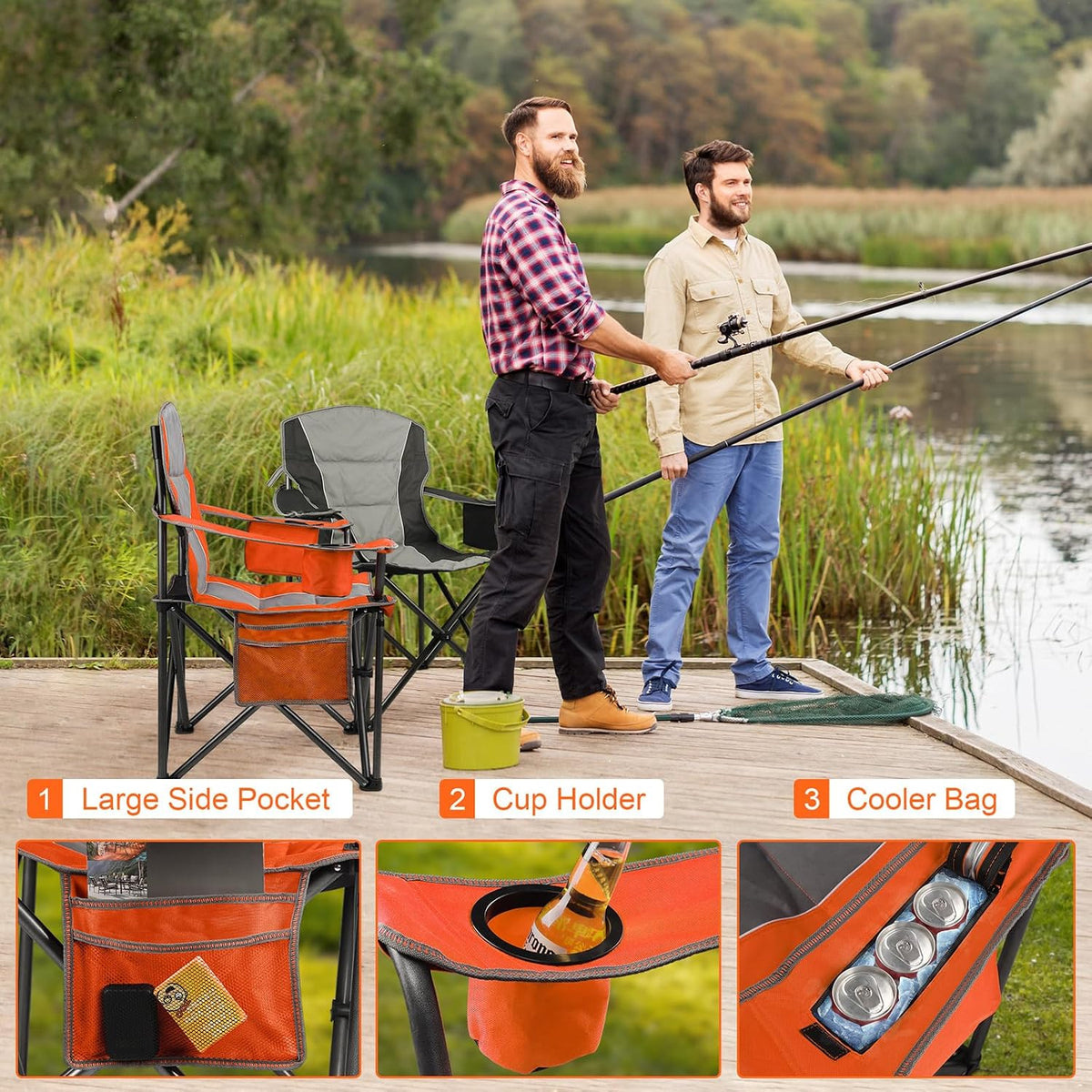 Oversized Padded Camping Chairs for Adults,Heavy Duty Support 400 Lbs,Folding Portable Lawn Chair w/Cup Holder,Cooler Bag,Side Pocket,Perfect for Outdoor Picnic,Hiking(Orange)