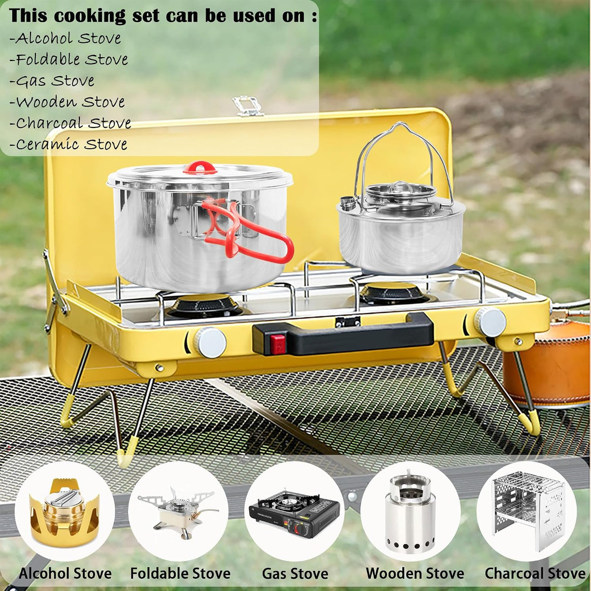 Foldable 18/8 Stainless Steel Camping Cookware 11pcs for 4-8 People