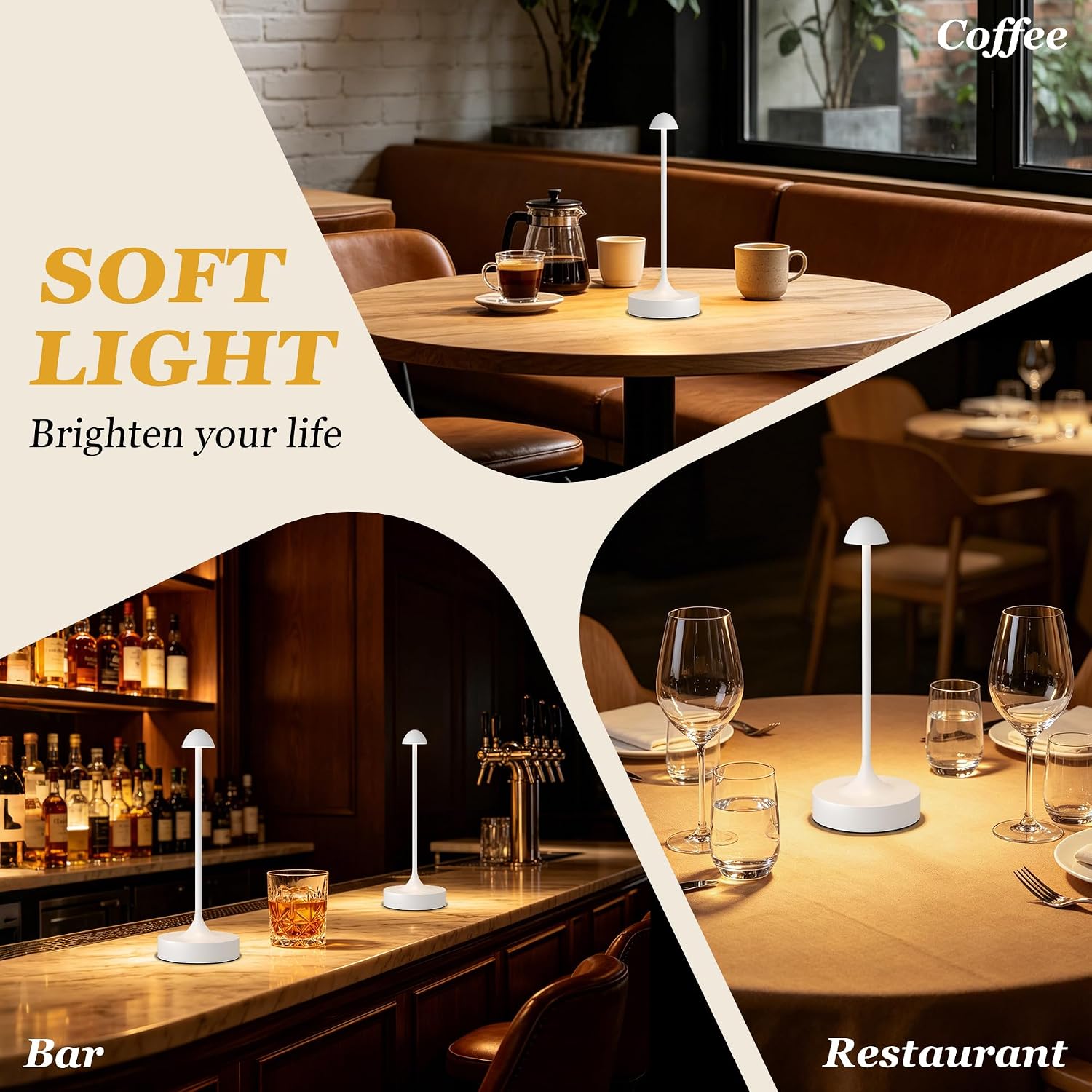 Kakanuo Rechargeable Cordless Table Lamp, Battery Operated Lamps, 3-Color Stepless Dimming, Portable Wireless Desk Lamp, LED Lighting for Dining Room, Restaurant, Office, Bar, Home(White 2 Pack)