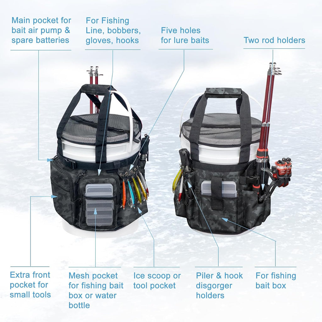 Fishing Bucket Organizer with Bucket Cover Fishing Tackle Bag with Rod & Plier Holder, Multi-Pockets for 5 Gallon Bucket Fishing Gear & Accessories Father Gifts