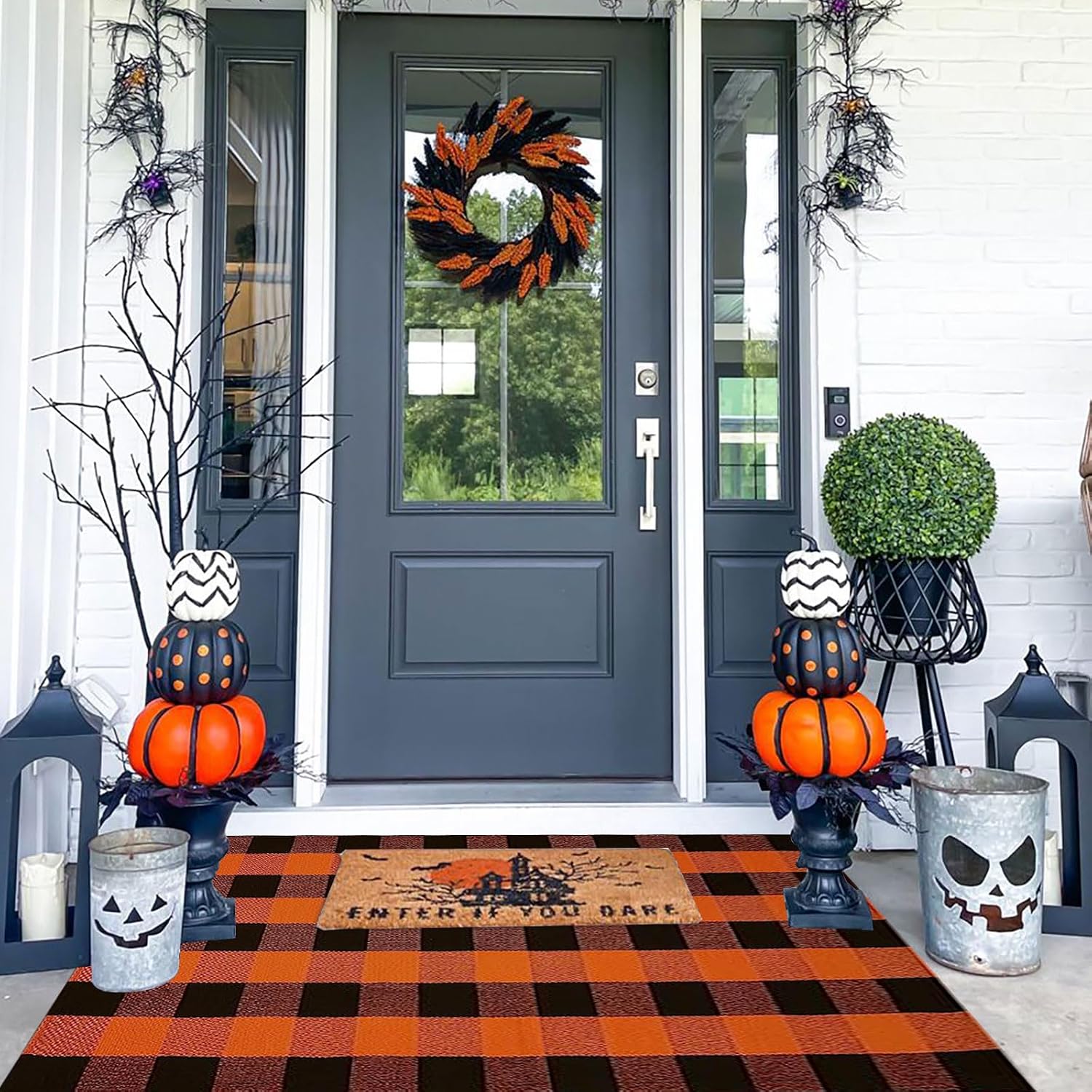 Fall Outdoor Rug Orange Buffalo Plaid Outdoor Rug Cotton Hand-Woven Buffalo Check Rug Layered Doormats for Front Door/Front Porch/Farmhouse/Entryway/Patio (Orange and Black Plaid, 3' x 5')