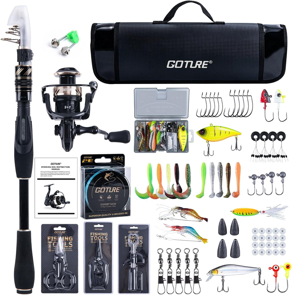 GOTURE Telescopic Fishing Rod and Reel Combos, Carbon Fiber Travel Fishing Pole, 9+1 BB Spinning Reel, Saltwater Freshwater Fishing Gear Kit with Braided Line, Lures, Carrier Bag for Bass Trout
