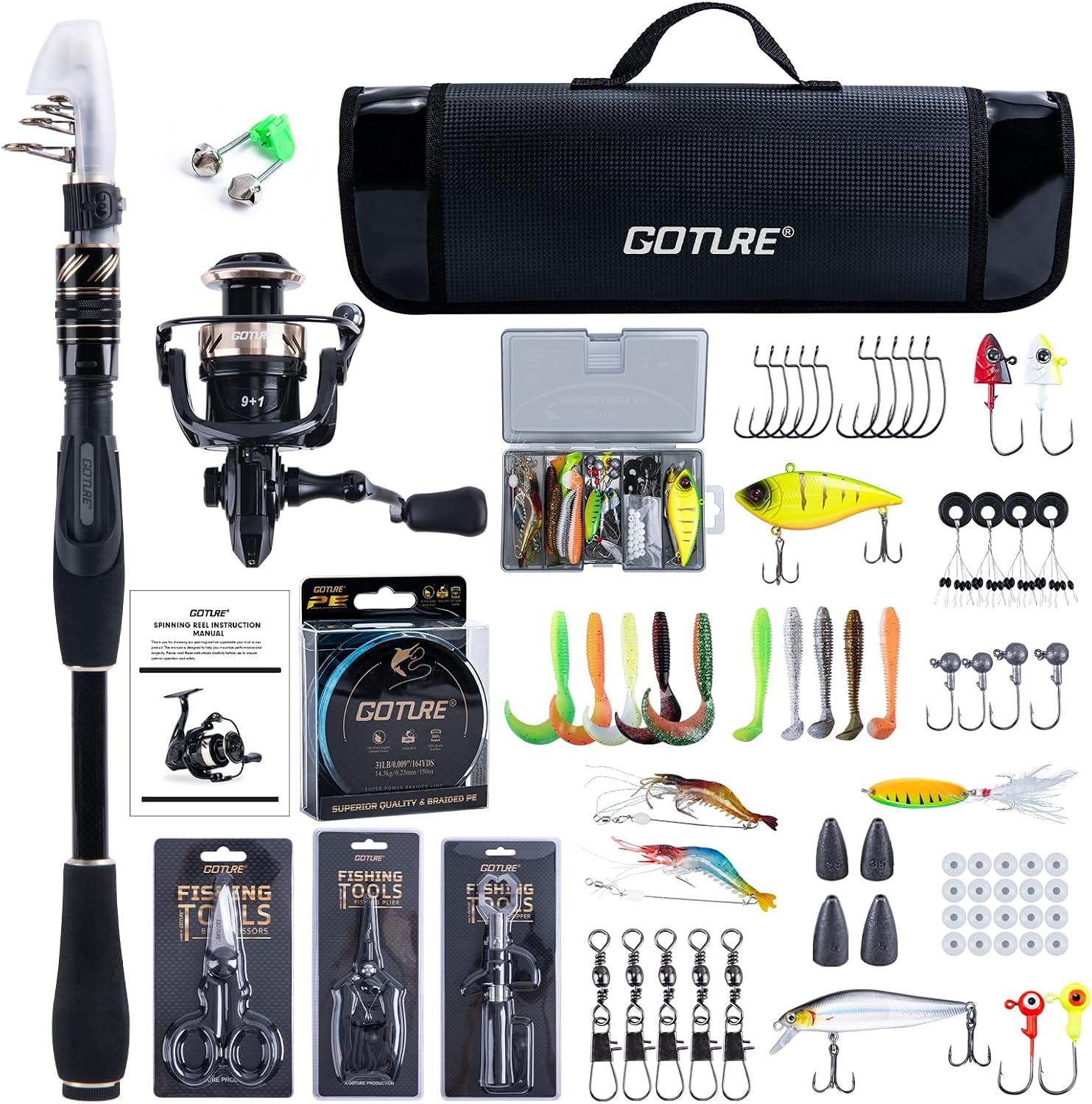 GOTURE Telescopic Fishing Rod and Reel Combos, Carbon Fiber Travel Fishing Pole, 9+1 BB Spinning Reel, Saltwater Freshwater Fishing Gear Kit with Braided Line, Lures, Carrier Bag for Bass Trout