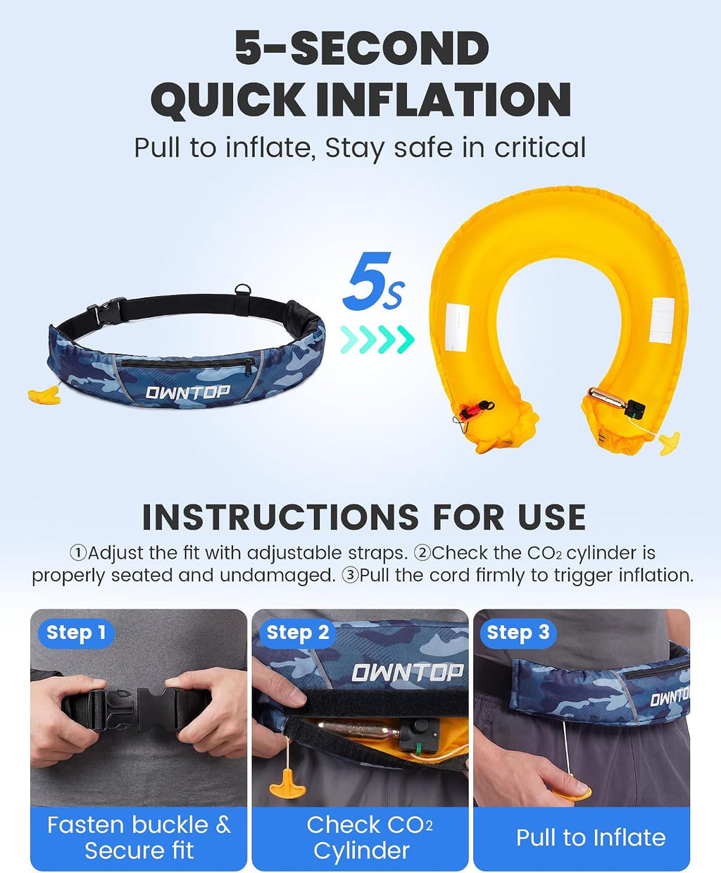 Owntop Manual Inflatable Belt Pack, Adults Swim Jacket with Blowpipe & Whistle, 24g CO2 Cylinder Included, Low Profile for Kayaking, Fishing, Paddle Sports