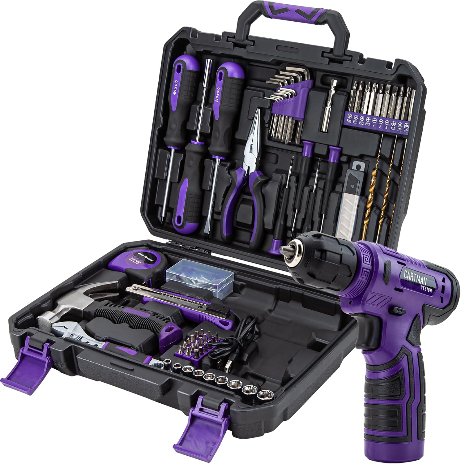 CARTMAN 150PCS 8V Cordless Drill Hand Tool Set, Purple Household Repair Kit