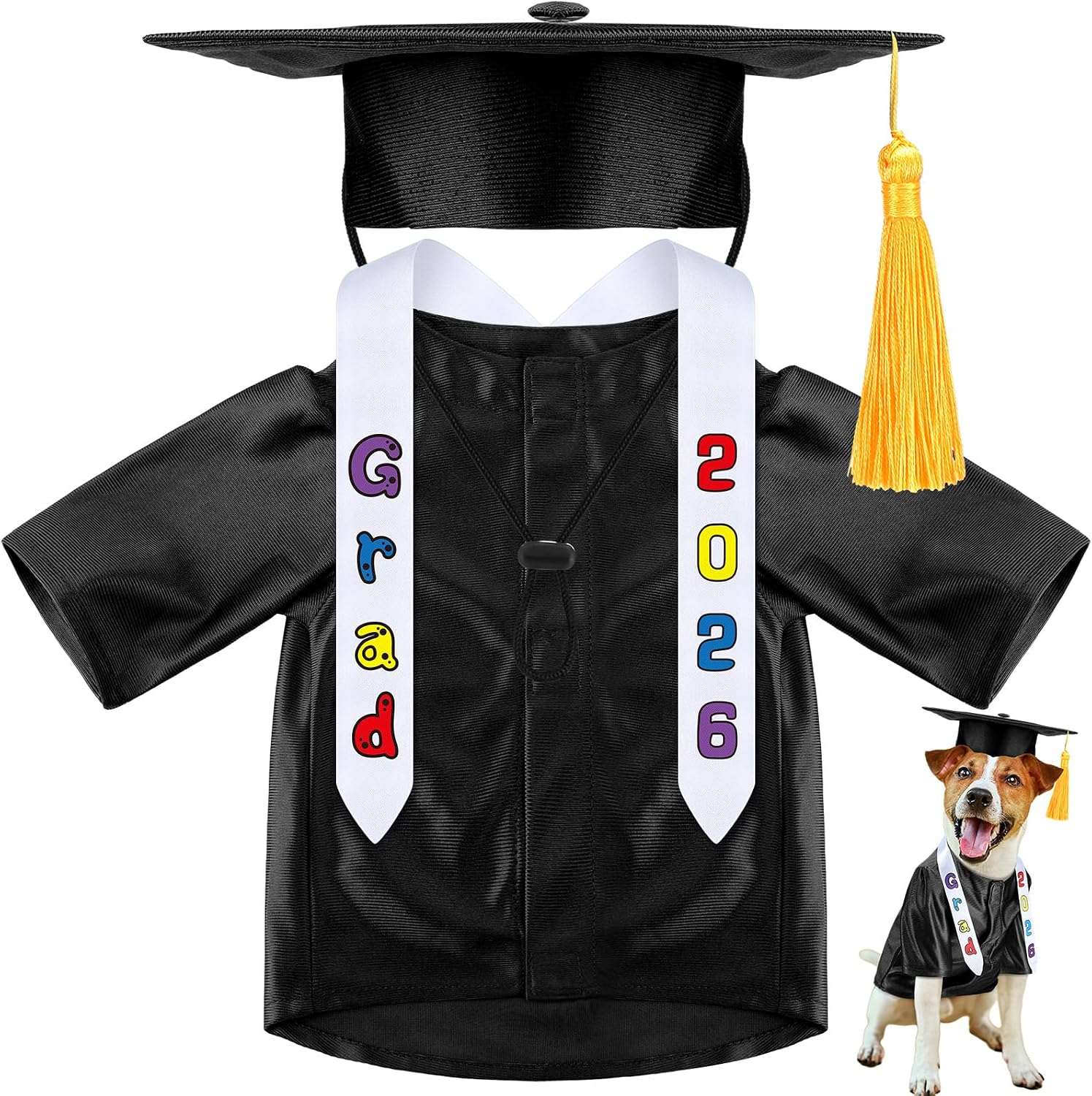 Chicingyou Small Dog Graduation Cap and Gown 2026 with Stole Washable Shirt and Hat Pet Graduation Gown Costume Outfit for Tiny Dog Little Cat Doll Clothes Holiday Halloween Costume Accessory(Black)