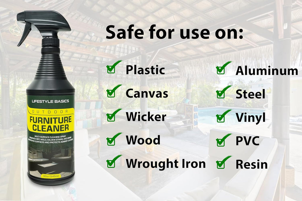 Lifestyle Basics Outdoor Furniture Cleaner + UV Protectant 32 Ounces | Stain Remover for Vinyl, Canvas, Wood, Metals, Plastics | Prevents Fading, Drying, Cracking