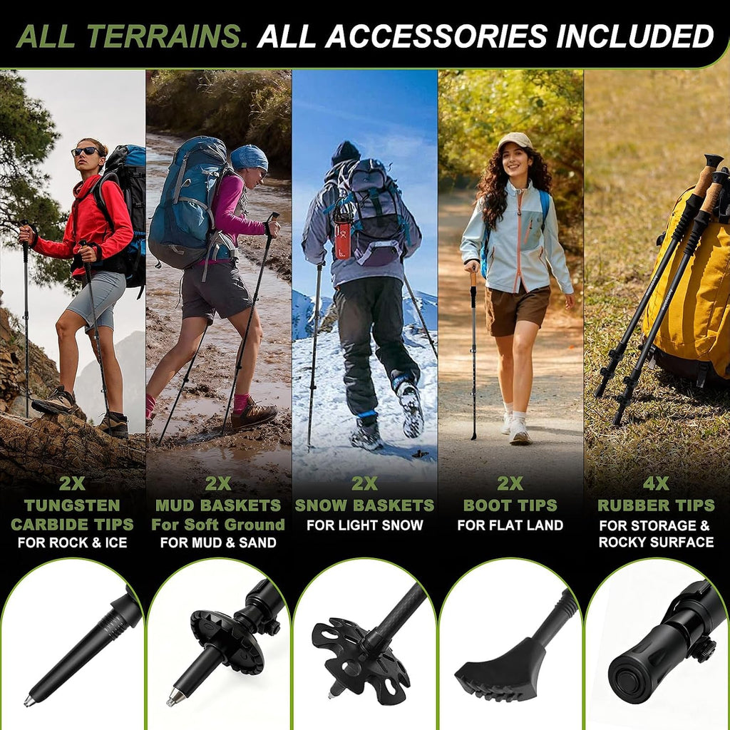 Carbon Fiber Trekking Poles - Lightweight Collapsible Hiking Poles with Cork Grips & Quick Flip Locks, Adjustable Hiking Sticks & All-Terrain Accessories for Women & Men