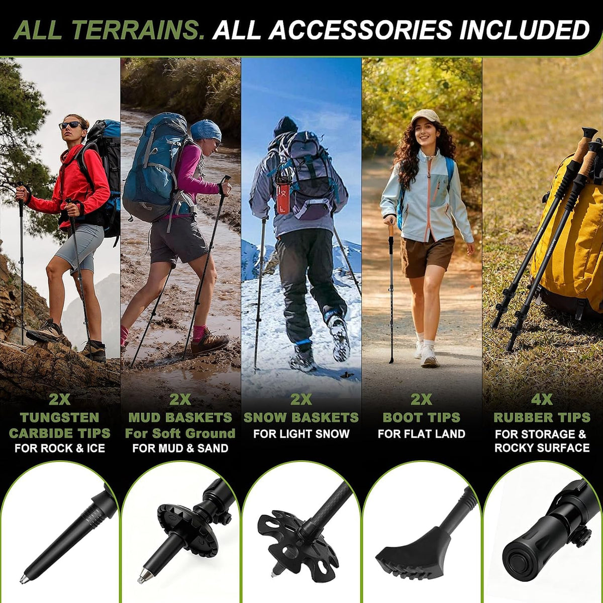Carbon Fiber Trekking Poles - Lightweight Collapsible Hiking Poles with Cork Grips & Quick Flip Locks, Adjustable Hiking Sticks & All-Terrain Accessories for Women & Men