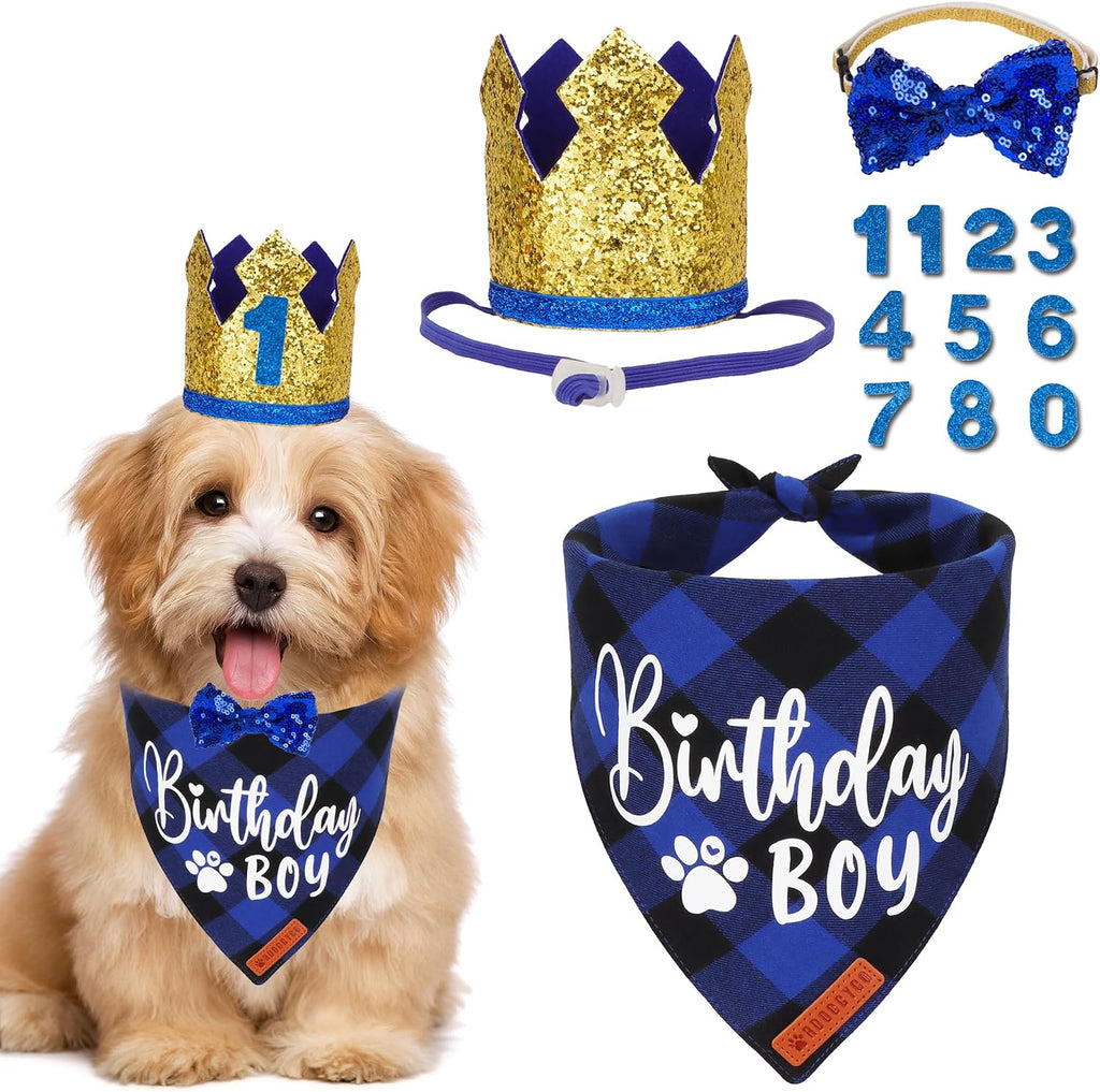 ADOGGYGO Dog Birthday Hat, Blue Plaid Birthday Dog Bandana Set, Small