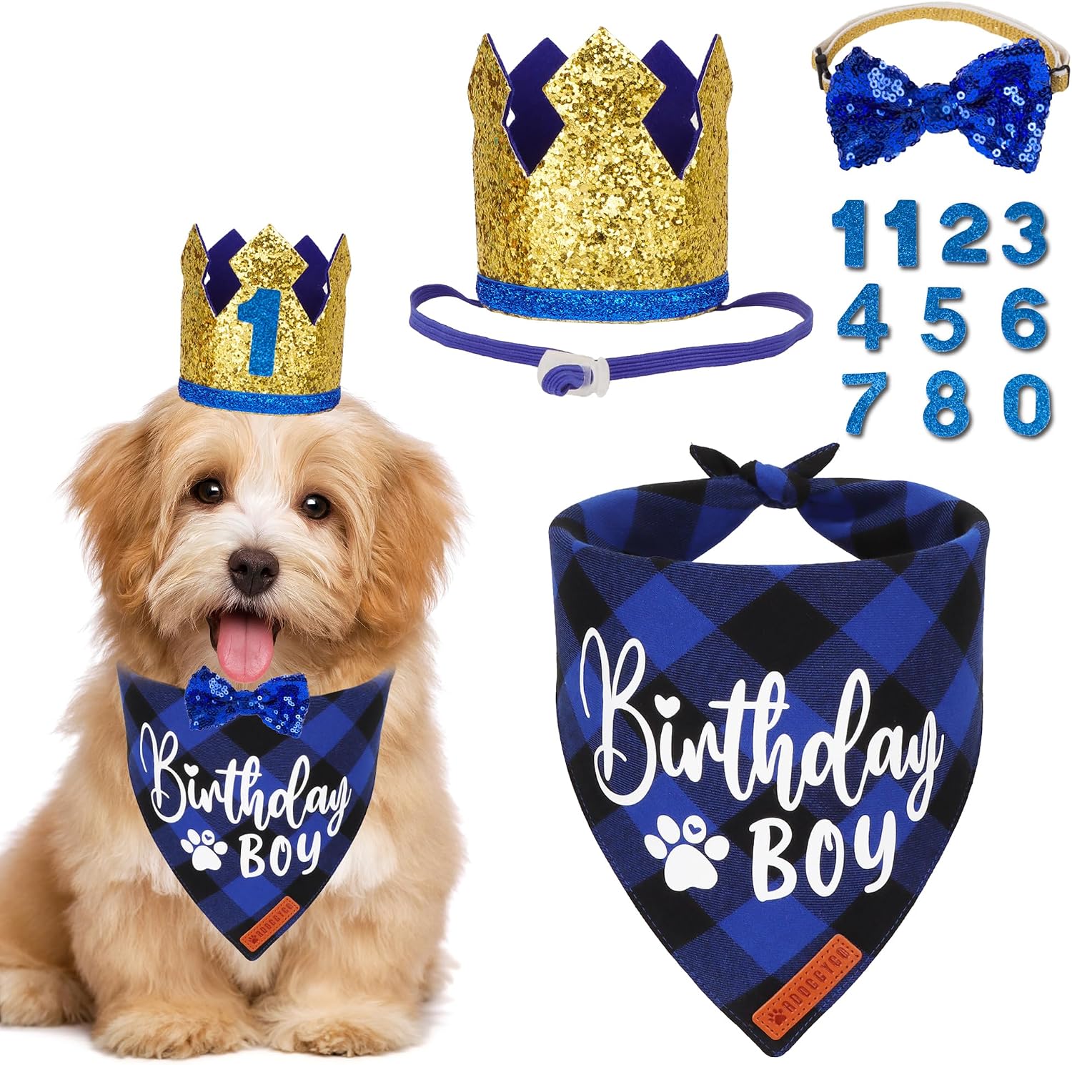 ADOGGYGO Dog Birthday Hat, Blue Plaid Birthday Dog Bandana Set, Small
