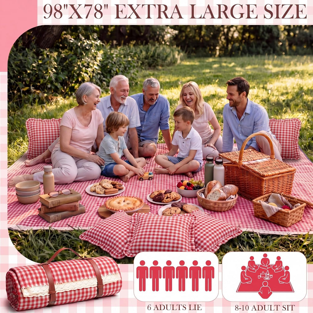 Boao Extra Large Picnic Blanket, 98" x 78" Red Gingham Picnic Blanket Set