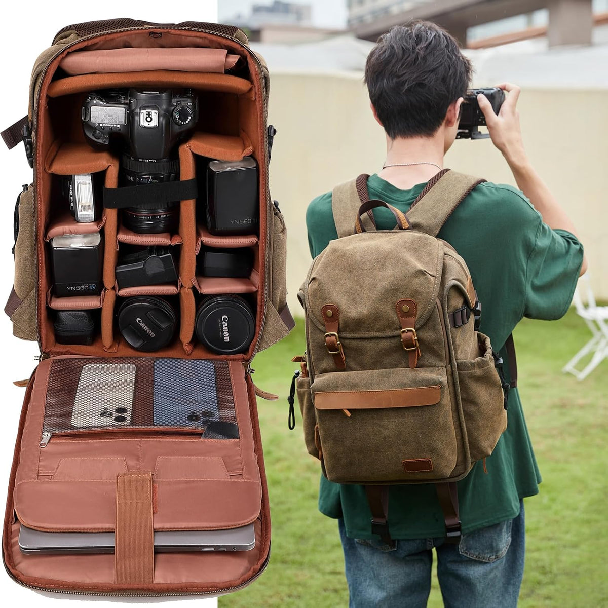 Vintage Canvas Camera Backpack (Charcoal Black) for DSLR/Mirrorless & Drone, Waterproof Photography Bag with 16" Laptop Compartment, Large Capacity Travel Camera Bag for Photographers