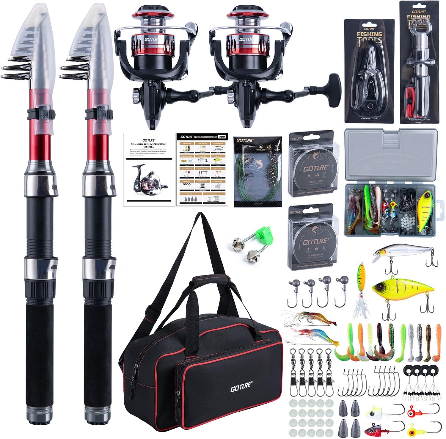 Goture 2-Pack Fishing Rod and Reel Combo with Carrier Bag,1.8M-2.7M