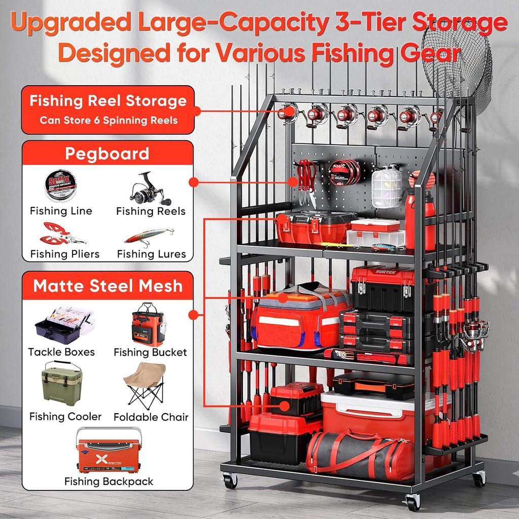 Large Fishing Pole Holders with Wheels for Garage,3 Tier Heavy Duty Metal Fishing Organizer Stand storage 20 Fishing Rod with 4 Hooks and Pegboard for Gear and Equipment Accessories