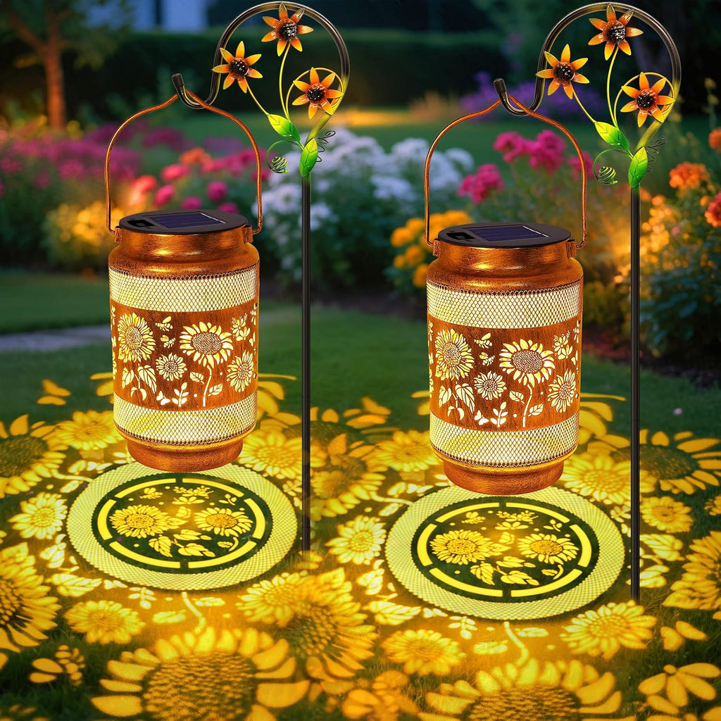 2 Pack Sunflower Solar Lanterns Outdoor Waterproof Solar Garden Decor, Birthday Gifts for Women Mom Grandma, Metal Hanging Lights with Shepherd Hook for Outside Yard Patio Pathway Backyard