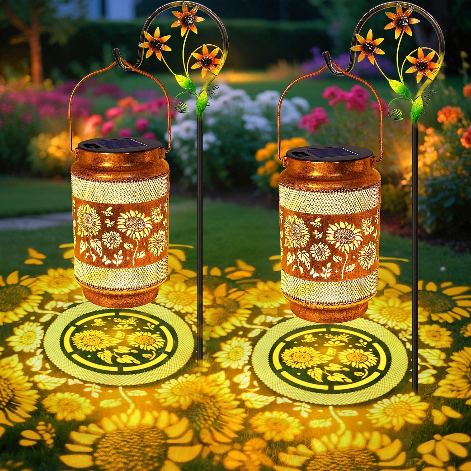 2 Pack Sunflower Solar Lanterns Outdoor Waterproof Solar Garden Decor, Birthday Gifts for Women Mom Grandma, Metal Hanging Lights with Shepherd Hook for Outside Yard Patio Pathway Backyard