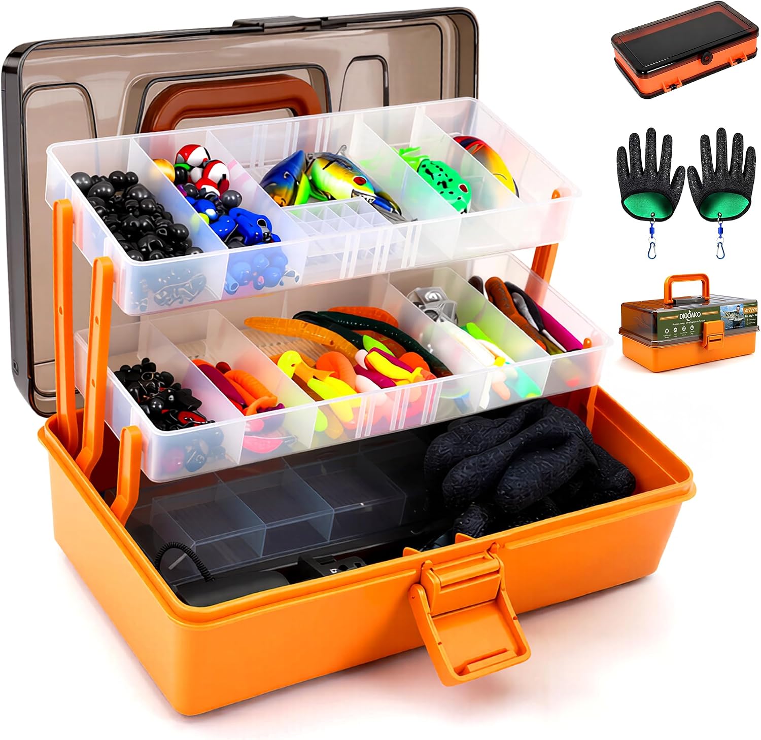 Large 3-Layer Tackle Box with Tackle Included, 417Pcs Fishing Lures Kit | Fishing Box with Bonus Small 2-Sided Box & Gloves, Pliers, Crankbait, Hooks, Freshwater Bass Fishing Gear Gift for Men & Kids