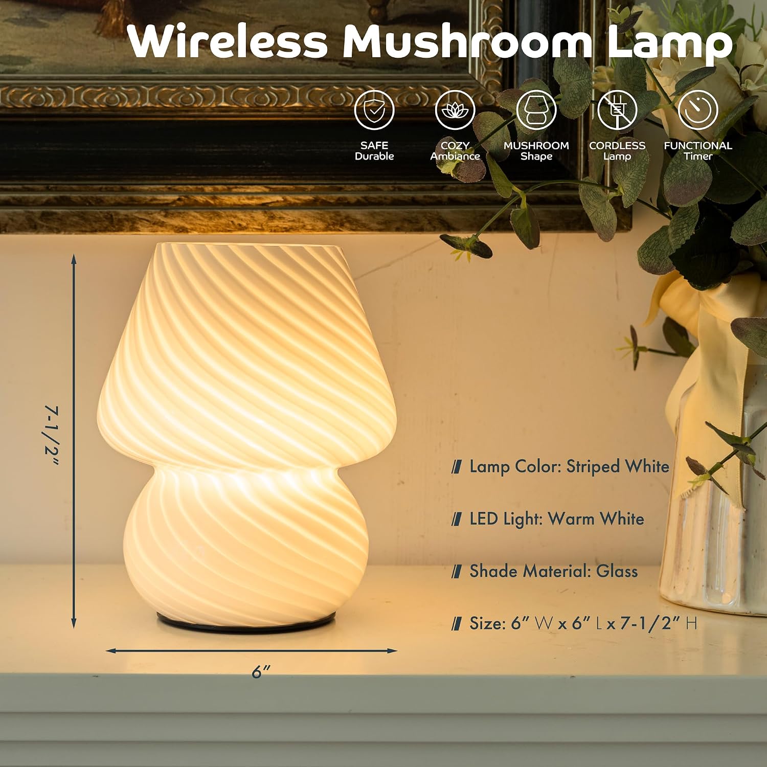 ULAROOM Battery Operated Mushroom Lamp - Vintage Small Table Lamp with Timer, Cordless Bedside Nightstand Lamp, Glass Battery Powered Lamp for Bedroom Kitchen Living Room Shelf Decor Aesthetic White
