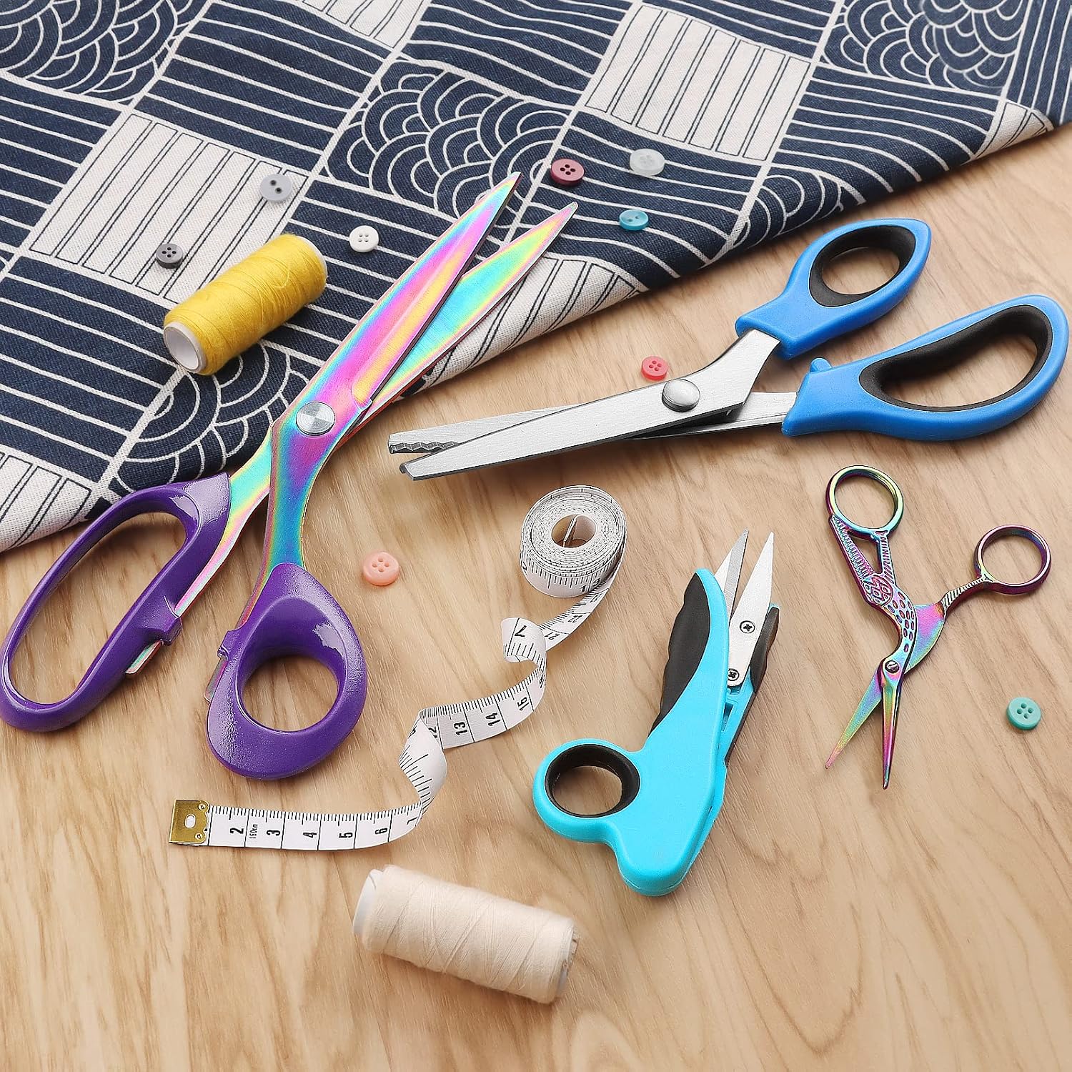 Asdirne Sewing Bundle - Sharp Stainless Steel Scissors, Comfortable Handle, Includes Fabric, Pinking, Embroidery Scissors, Thread Snips, Measuring Tape - 5 Pcs