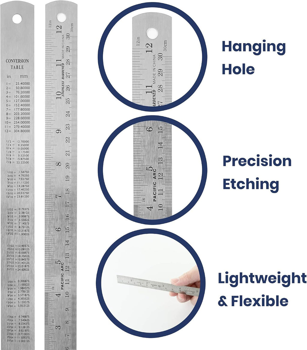 2 Pack Pacific Arc 12 Inch Stainless Steel Ruler with Inch/Metric Conversion Table