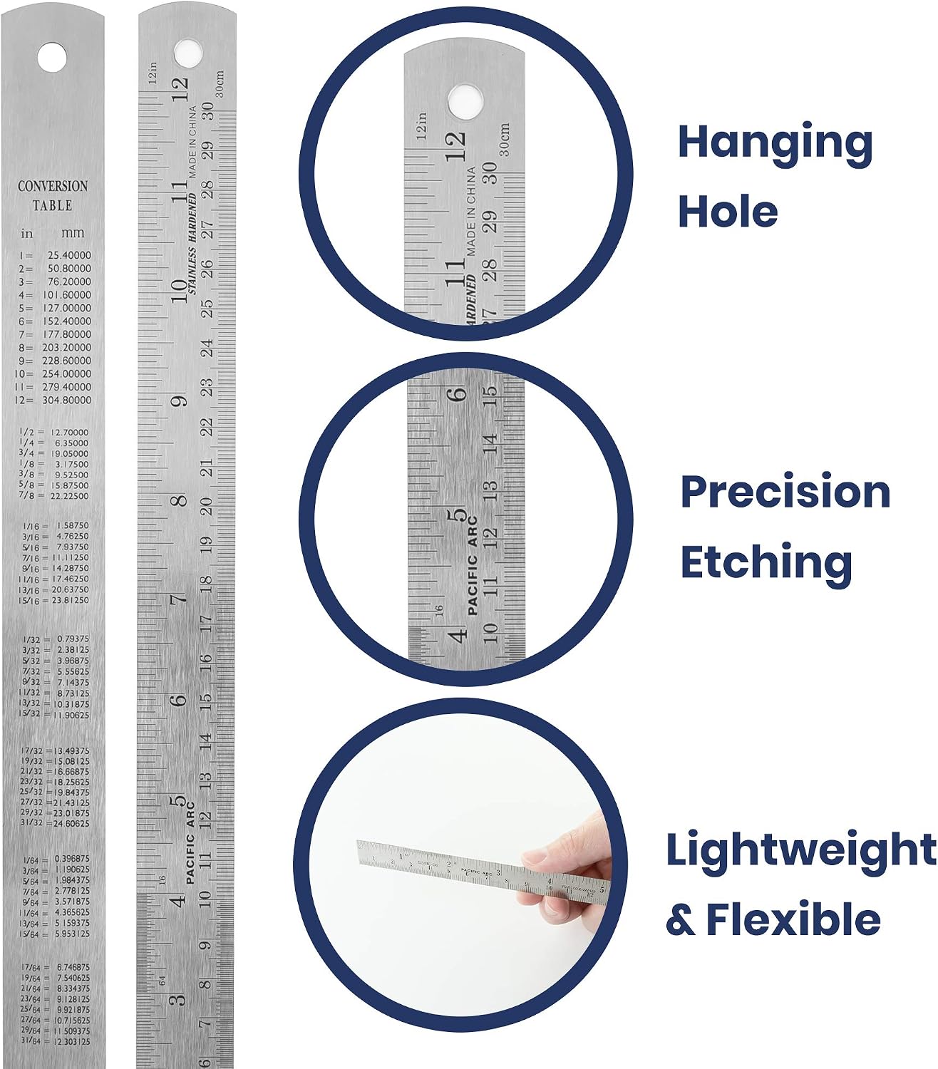 2 Pack Pacific Arc 12 Inch Stainless Steel Ruler with Inch/Metric Conversion Table