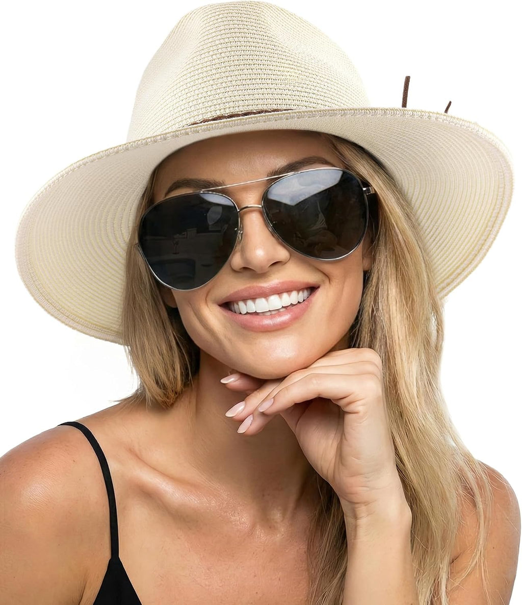 FURTALK Womens Wide Brim Sun Hat Beach Panama Fedora Straw Summer
