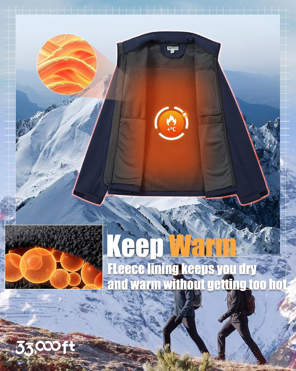 33,000ft Men's Waterproof Softshell Jacket Fleece Lightweight Windbreaker