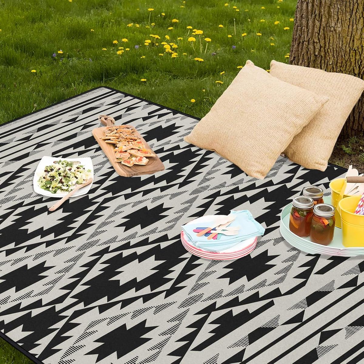 Boho Picnic Blankets Waterproof Foldable, 60″X80″ Thick Three Layer Picnic Mat Tribal Outdoor Blanket for Grass, Beach Blanket Sandproof Picnic Accessories for Camping Party Park Patio