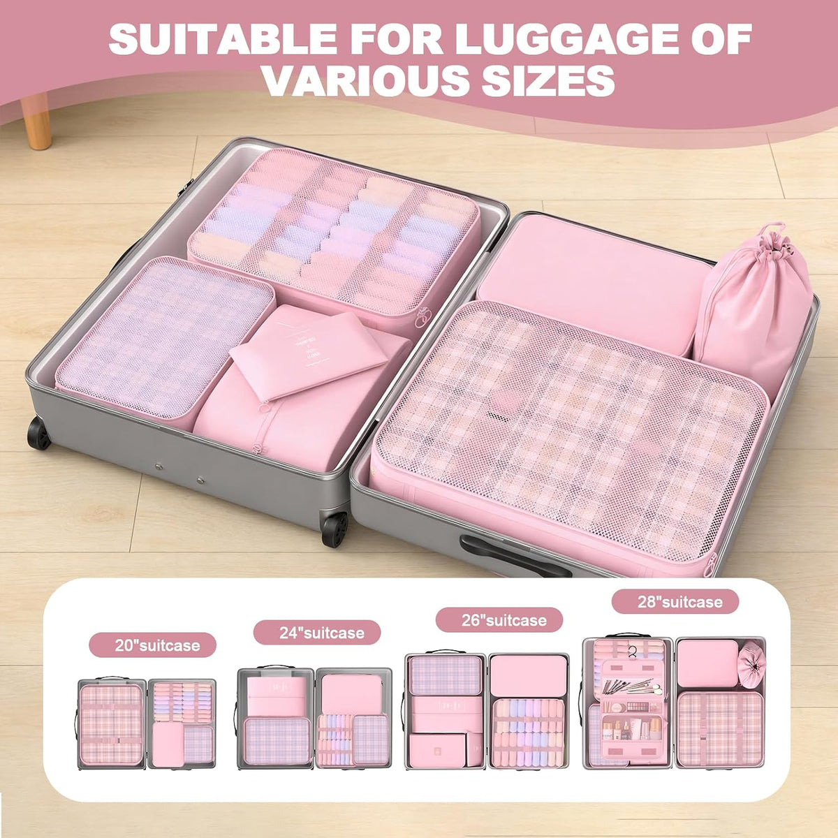 8 Set Packing Cubes for Travel, Suitcase Organizer Bags for Luggage (Pink)