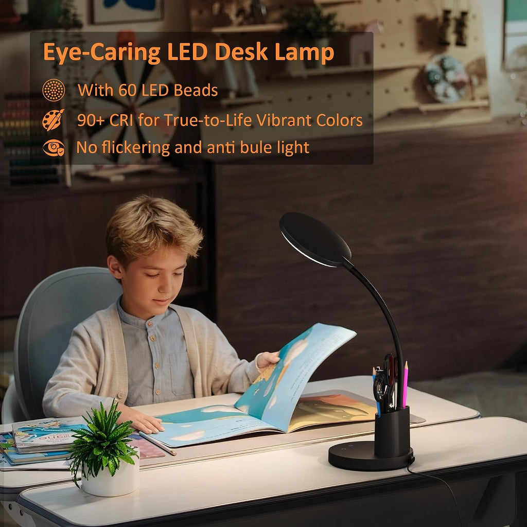 LED Desk Lamp for College Dorm with Pen Phone Holder, Black
