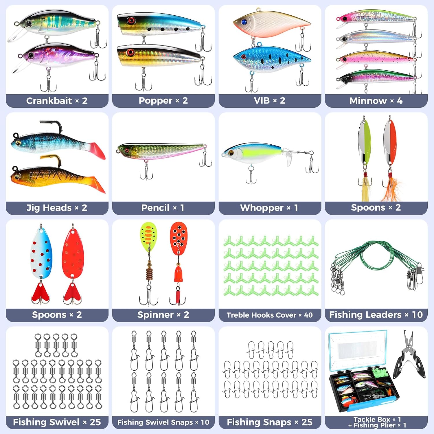 PLUSINNO Fishing Lures Fishing Tackle Box Fishing Gifts for Men, Bass, Trout Fishing Accessories Kit for Saltwater & Freshwater Fishing Gear Including Topwater Lures, Hooks, Spinnerbaits