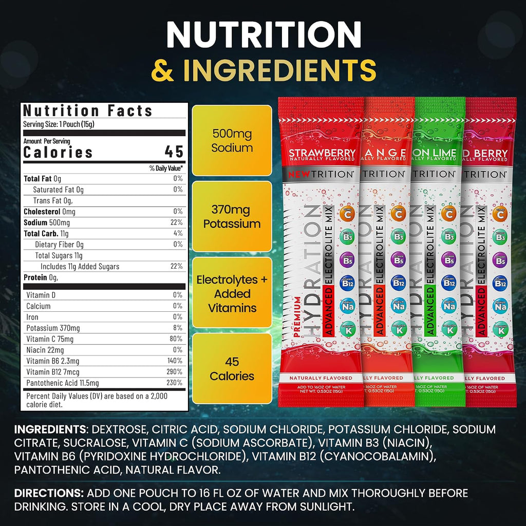 NewTrition® Hydration Powder - Pack of 48 Electrolyte Powder Packets, Naturally Flavored Hydrating Packets for Water, Fast Acting Electrolytes with Vitamins, Lime, Strawberry, Orange, Wild Berry