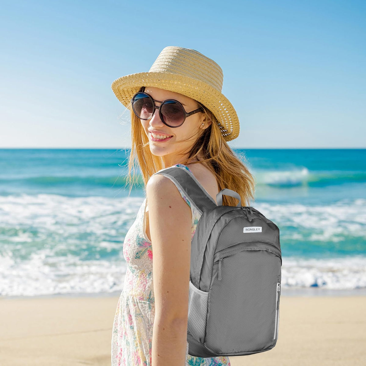 Waterproof Foldable Hiking Backpack, Lightweight Beach Bag Grey