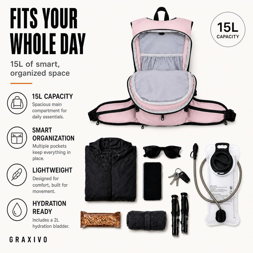 Graxivo Hydration Backpack, Lightweight Hydration Pack with Waist Pockets & Helmet Holder, Versatile Daypack for Mountain Biking, Cycling, Hiking, Running for Men Women