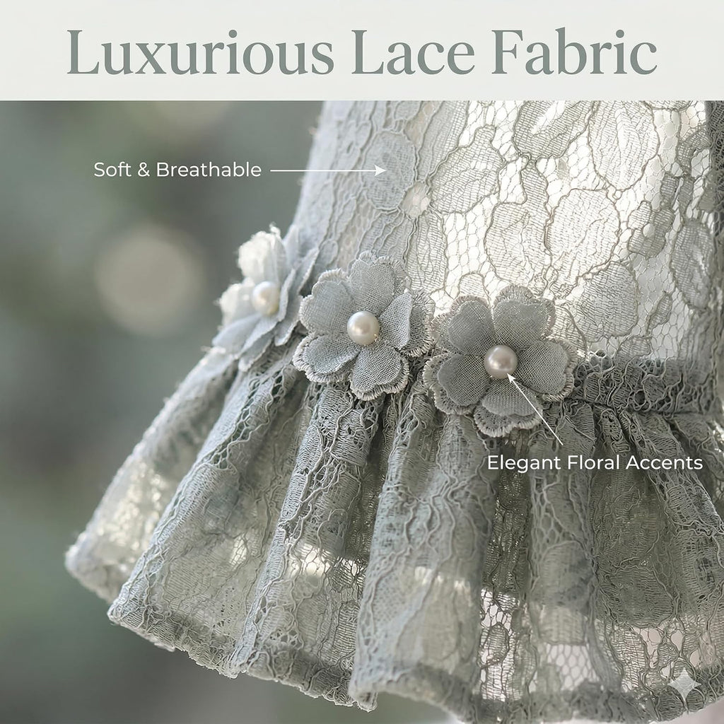 Fancy Cute Small Dog Dress for Girl - Elegant Lace Pet Dress with Floral Accents Puppy Apparel (Gray, M)