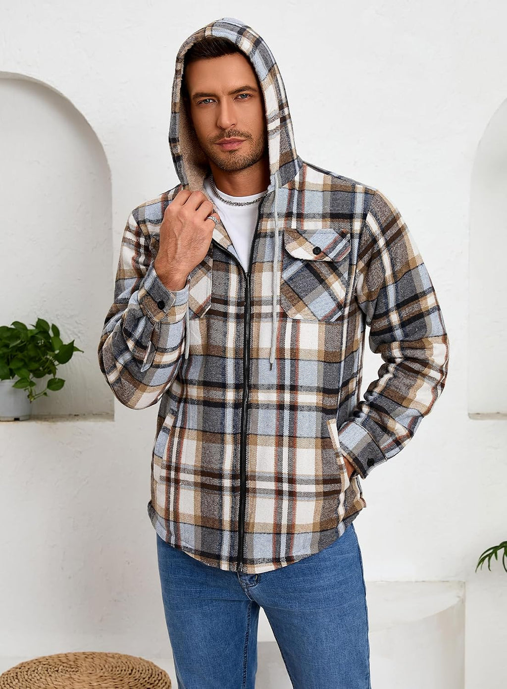 Men's Zip Up Flannel Shirt Jacket Fleece Lined with Hood