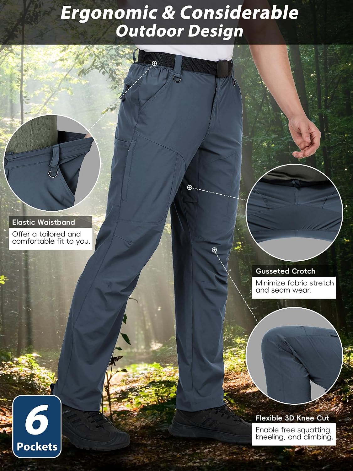 Mens Hiking Pants Lightweight Cargo Work Tactical Nylon Stretch Waterproof Quick Dry Fishing Travel Outdoor 6 Pockets