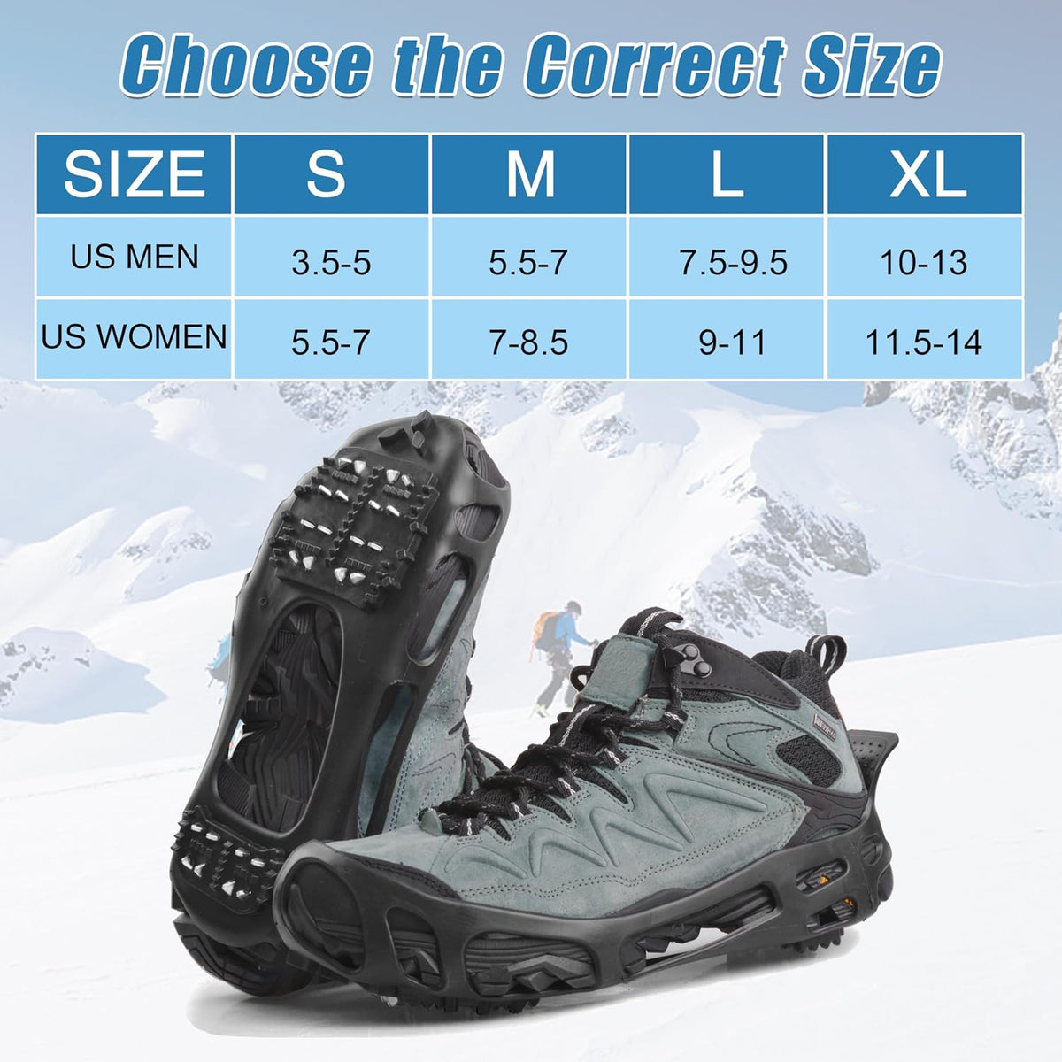 Ice Cleats Snow Traction Cleats Crampon for Walking on Snow and Ice Non-Slip Overshoe Rubber Anti Slip Crampons Slip-on Stretch Footwear