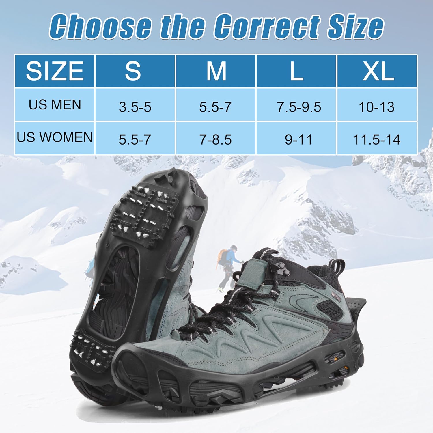 Ice Cleats Snow Traction Cleats Crampon for Walking on Snow and Ice Non-Slip Overshoe Rubber Anti Slip Crampons Slip-on Stretch Footwear