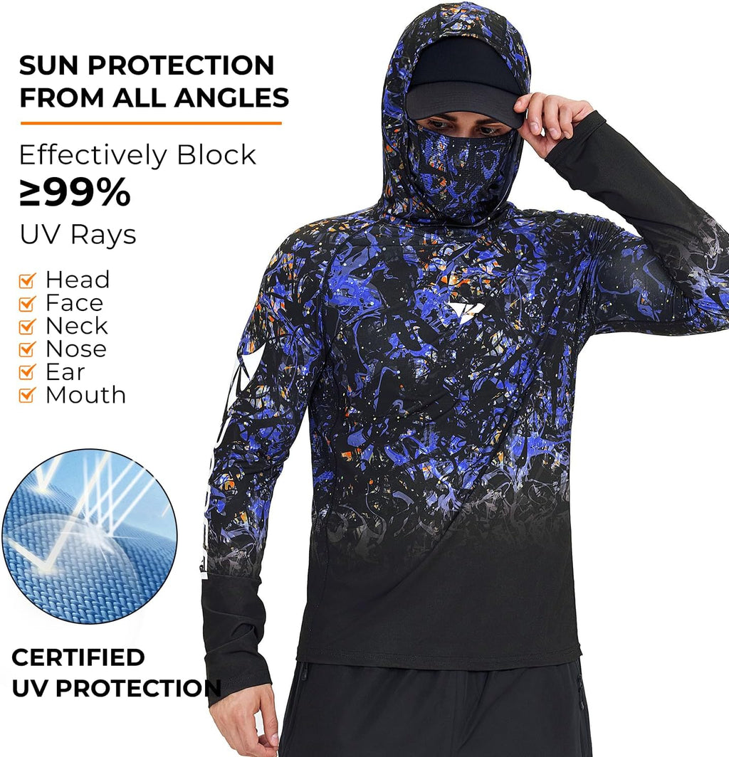 Rodeel UPF 50+ Men’s Long Sleeve Performance Fishing Hiking Shirt with Mask UV Neck Gaiter Hoodie