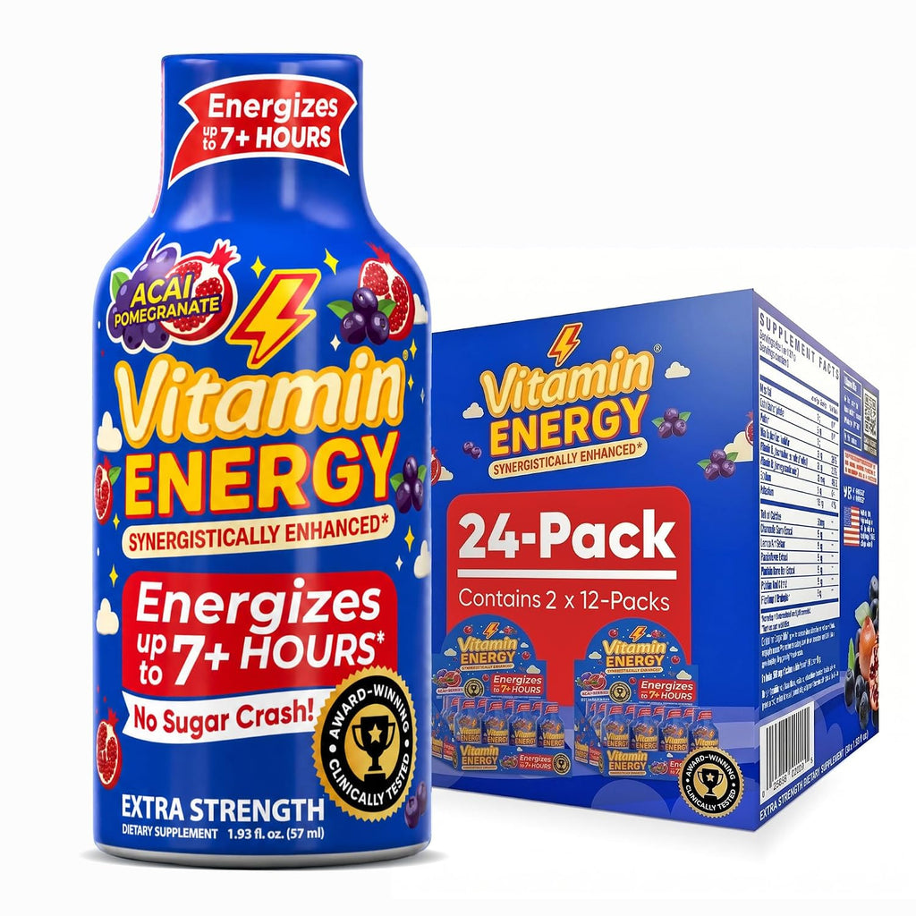 Vitamin Energy Acai Pomegranate Extra Strength Energy Shot, 24 Pack - Up to 7 Hrs, 260mg Natural Caffeine, Zero Sugar - B12 11,000% DV + B6 2,118% DV + Taurine 1,500mg, 1.93 fl oz, Keto Vegan