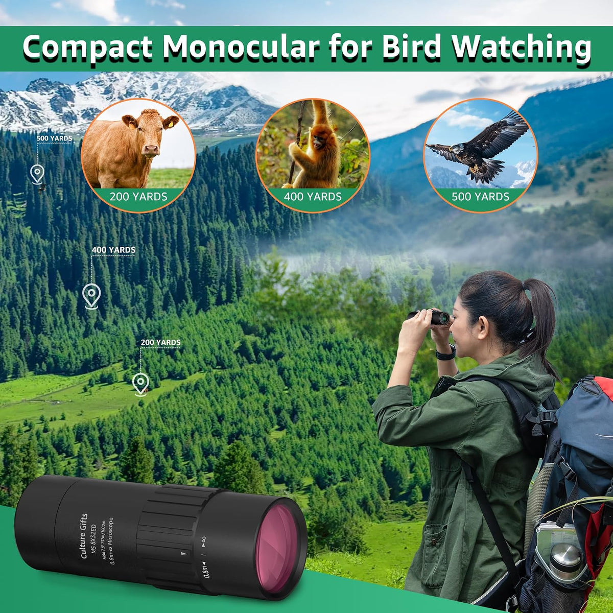 8x32mm Mini Monoculars for Adults High Power Clear View, Easy Focus, Multi-Coated Lens, BAK-4, 21mm ED Eyepiece, Twist-up Eyecup, Compact Monocular Telescope with Hand Strap for Hunting Bird Watching