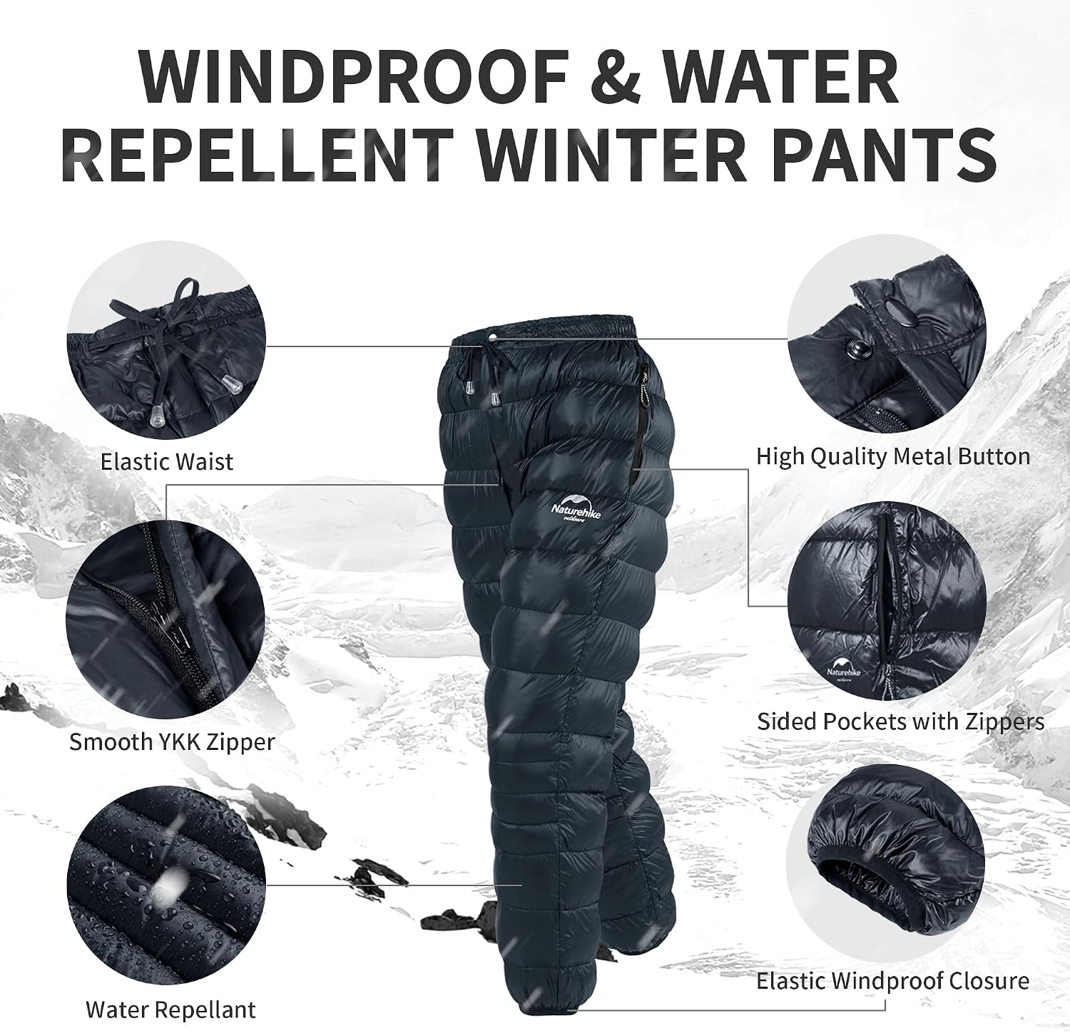 Naturehike Down Pants,Men's Women's Puffy Pants,Winter Warm Outdoor Men Women Ski Snow Pants,Camping Hiking Pants