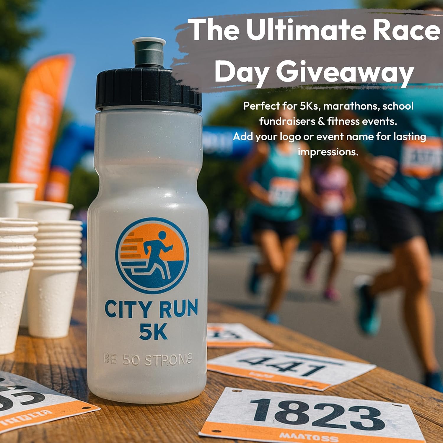 50 Strong | Custom Water Bottles, 24-Pack, 22 oz, Personalized, Logo Ready