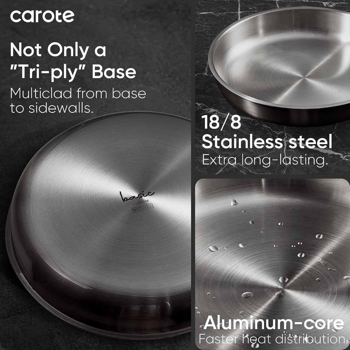 CAROTE 15pcs Tri-Ply Stainless Steel Cookware Set with Detachable Handle