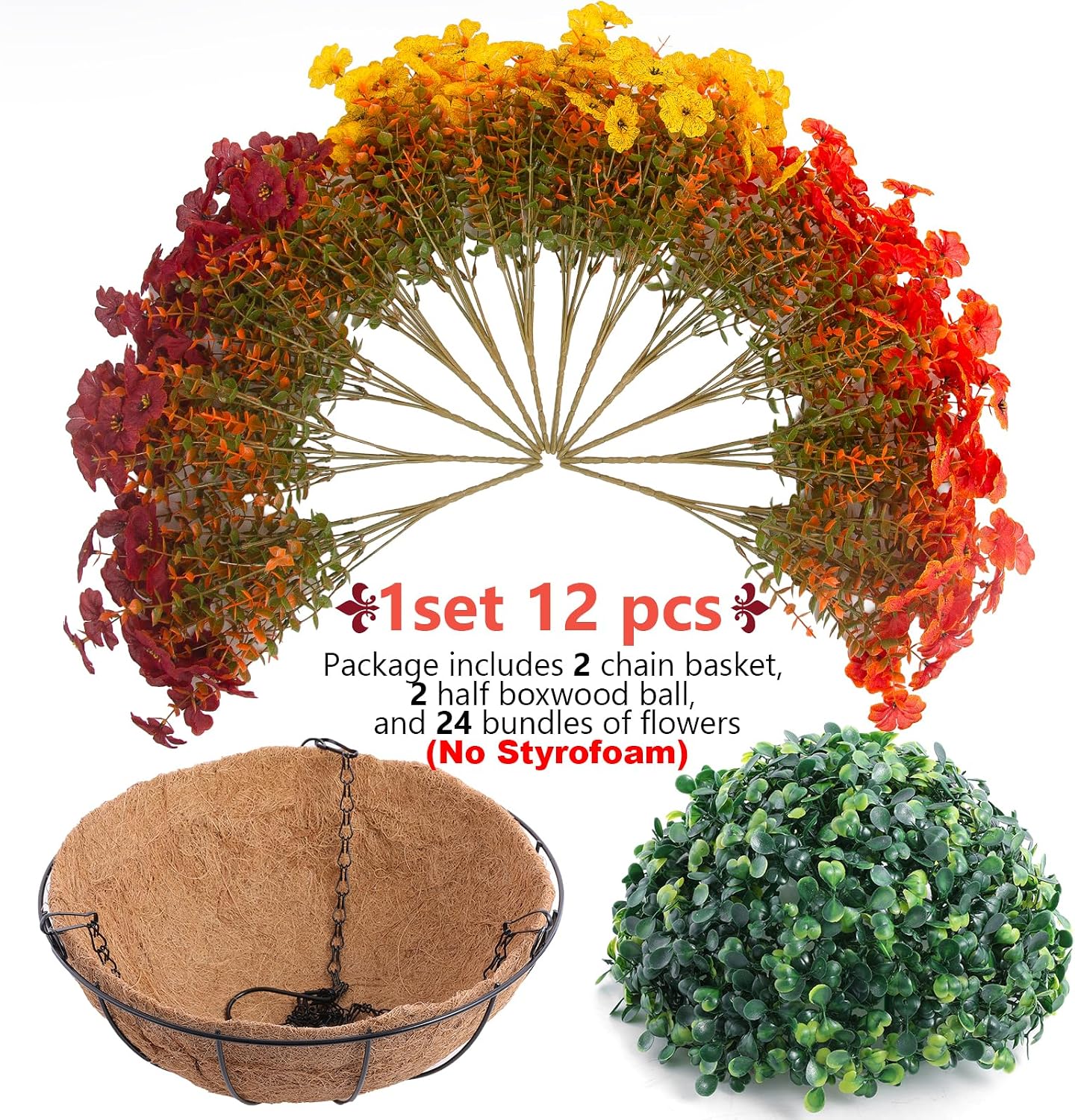 Hananona 2 Set Artificial Outdoor Fall Flowers with Hanging Basket, 2 Packs Hanging Planters with 24 Pcs Faux Fall Mums for Autumn Front Porch Garden Patio Home Decor (2, Orange,Yellow,Burgundy)