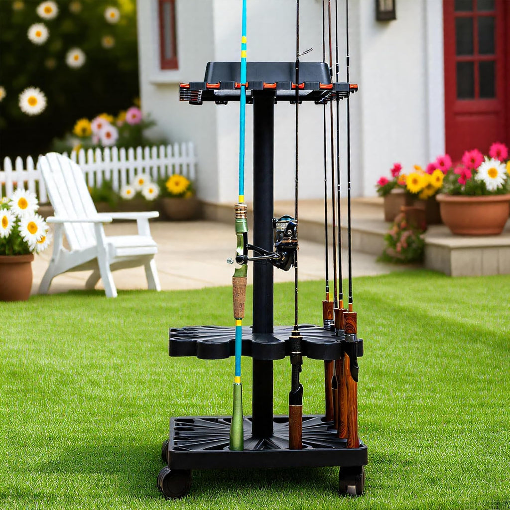 Freestanding Rotating Fishing Rod Rack – No-Drill Lure Rod Stand, Home Display Organizer, Tool-Free Assembly, Holds up to 24 Rods, (With Rolling Wheels)